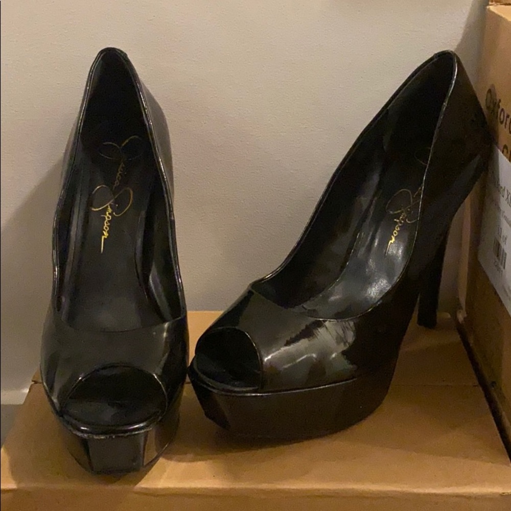 6inch black open toe pumps